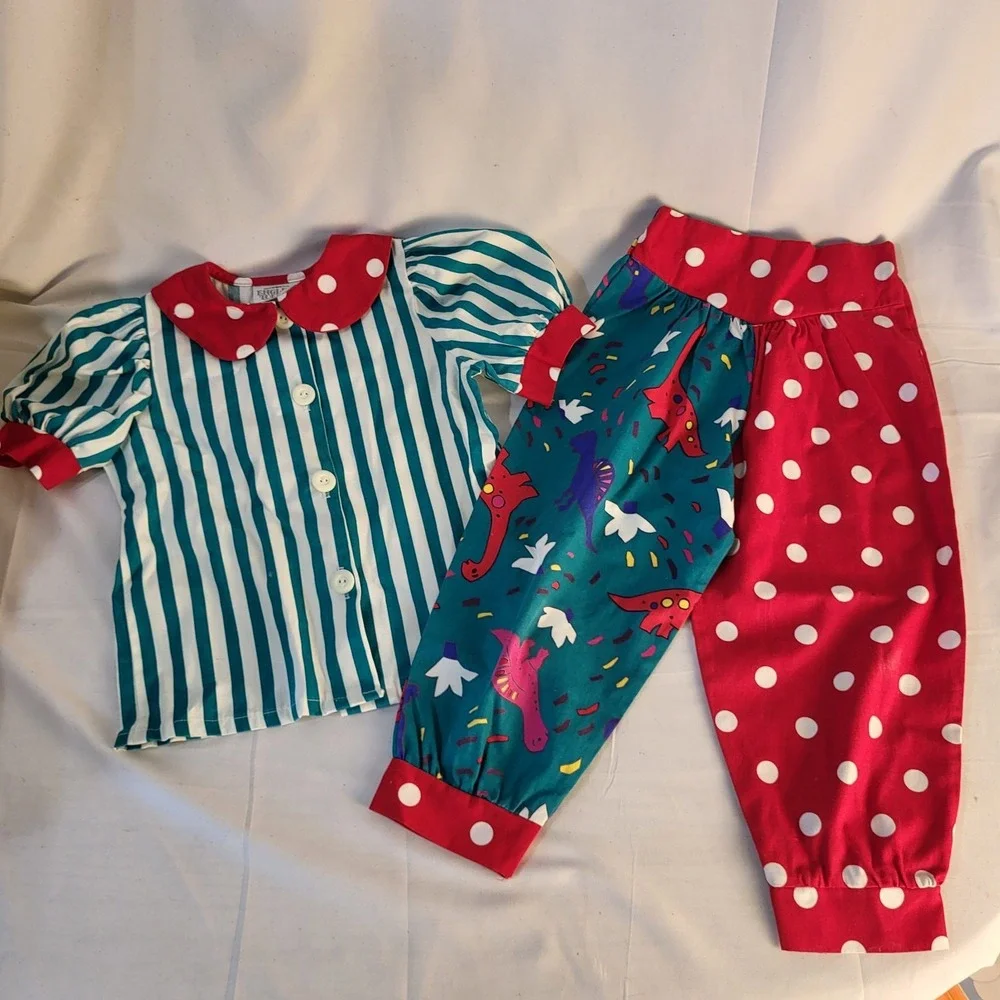 Vintage English Toffee Girls 4T Shirt 3T Pants Polka Dot Color Block Dinosaurs